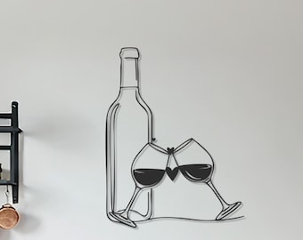 Wine Bottle and Glasses Metal Wall Art, Wine Lover Wall Decor, Home Bar Kitchen Sign, Dining Room Decor, Valentine Gift