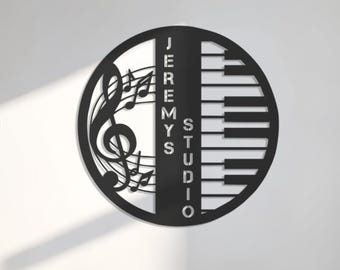 Arte de pared personalizado para estudio de música, nombre personalizado con notas musicales y teclas de piano, decoración personalizada para estudio de música, regalo musical, regalo para amantes de la música.