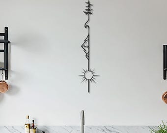 Vertical Mountain Sun Metal Wall Art, Long Narrow Nature Wall Decor, Rustic Cabin Sculpture, Modern Minimalist Landscape, Housewarming Gift
