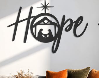 Christmas Hope Metal Art, Black and White Nativity Scene, Modern Religious Wall Art for Home & Office, Inspirational Decor,Holiday Gift Idea