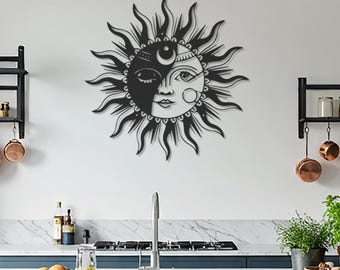 Sun and Moon Faces Metal Wall Art, Celestial Wall Decor, Minimalist Geometric Sculpture, Home Office Wall Art, Valentine Gift