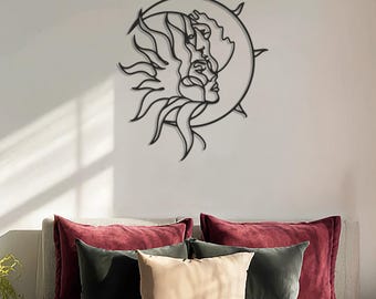 Sun and Moon Faces Metal Wall Art, Celestial Geometric Decor, Minimalist Boho Wall Sculpture, Home Office Wall Decor, Valentine Gift
