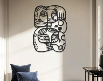 Abstract Faces Metal Wall Art, Geometric Line Art Decor, Minimalist Black White Wall Decor, Modern Home Office Sculpture, Valentine Gift