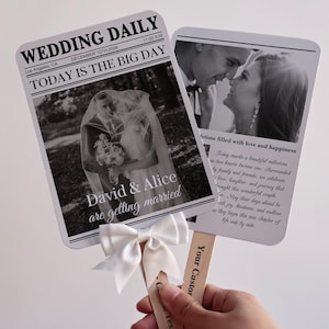 Custom Wedding Newspaper Fan, Retro Photo Program, Reception Timeline Keepsake