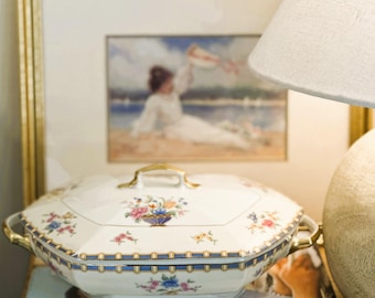 Vintage Czechoslovakia Porcelain Covered Tureen | MZ Altrohlau Berkshire | Gold Floral Art Deco Serving Dish