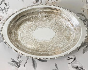 Antyczna angielska posrebrzana taca do serwowania, ozdobna owalna posrebrzana patera, grawerowana taca do herbaty w stylu rokoko, dekoracja toaletki, wyprodukowana w Anglii