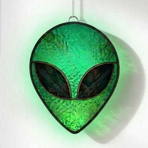 Può includere: Una testa di alieno in vetro colorato verde con occhi neri e un bordo nero è appesa a una catena. La testa dell'alieno è di un colore verde vibrante ed è appesa a una parete bianca. L'immagine include un logo nell'angolo in basso a destra.