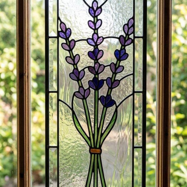 Lavender stained glass pattern – floral suncatcher template, botanical window decor, digital download