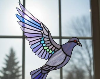 花に囲まれた幸運の二羽の鳩 ヴィンテージ ステンドグラス 平和の象徴