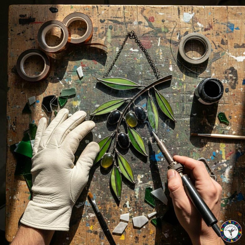 May include: A stained glass olive branch with green leaves and black and yellow olives, hanging from a chain. The image shows the crafting process with tools, tape, and gloves on a wooden surface.