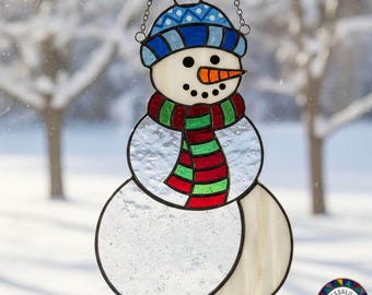 Snowman stained glass pattern – winter suncatcher template, Christmas holiday design, digital download