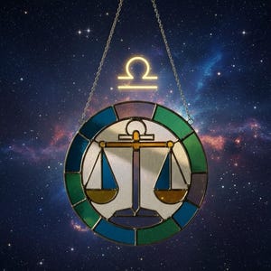 May include: A stained glass Libra zodiac sign with a gold-coloured scale design, framed by a circular border of blue, green, and purple glass. The Libra symbol is illuminated in gold above the glass art, suspended against a starry background.