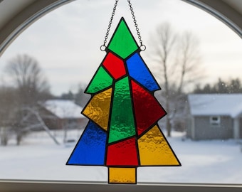 Christmas tree stained glass pattern – holiday suncatcher template, winter decor, digital download