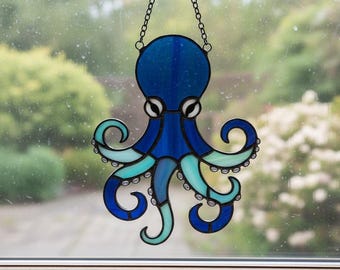 Octopus stained glass pattern – sea animal suncatcher template, ocean decor, digital download