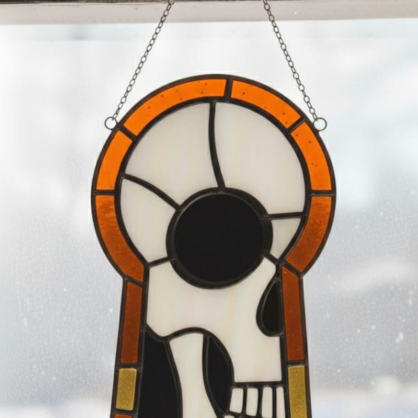 Totenkopf Schlüsselloch Glasmalerei - Gothic Suncatcher Vorlage, Halloween Dekor, digitaler Download