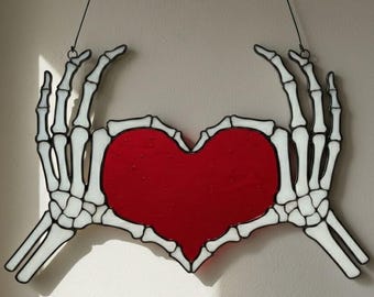 Skeleton hands heart stained glass pattern – gothic love decor template, digital download