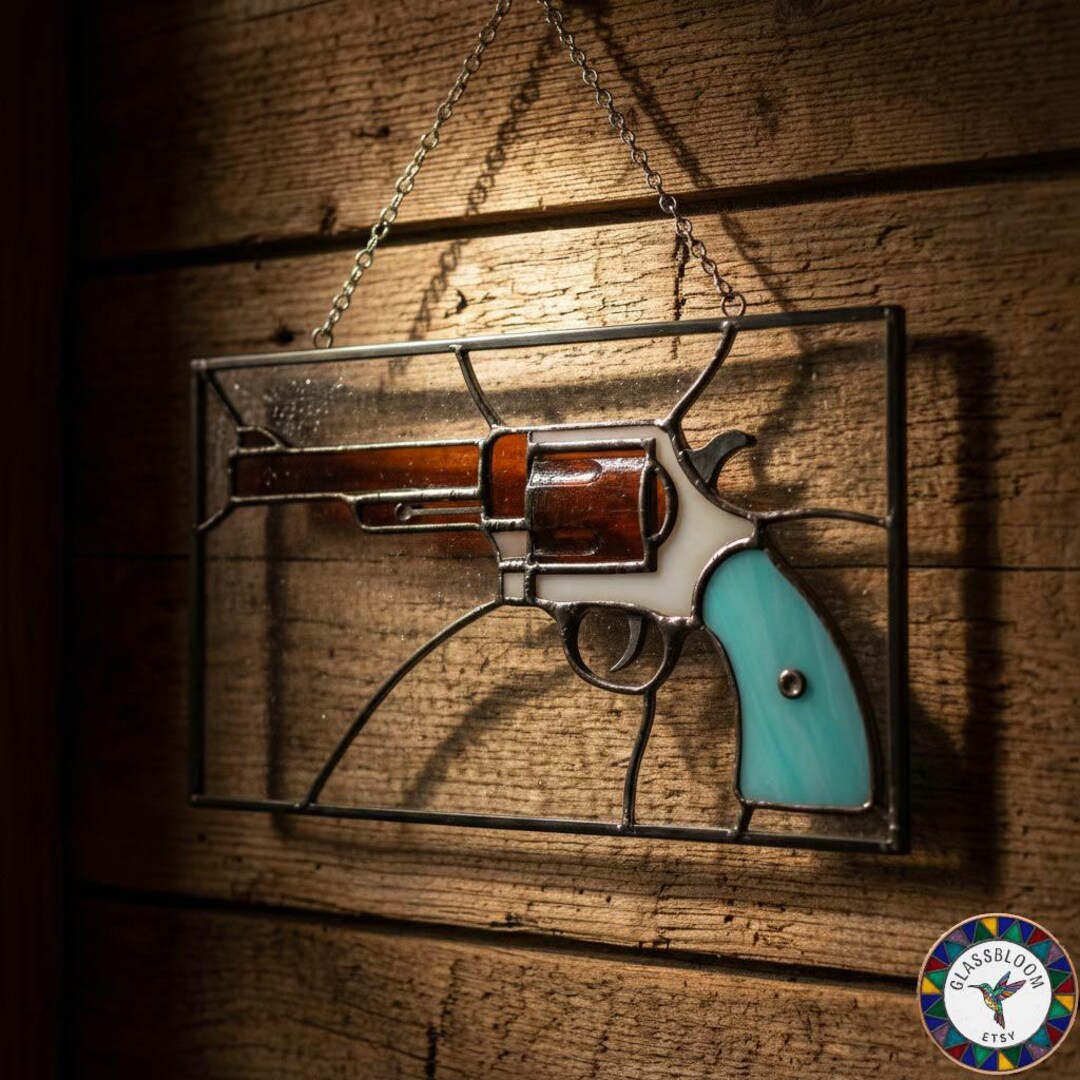 Revolver Stained Glass Pattern – Gun Silhouette Framed Design, Western ...