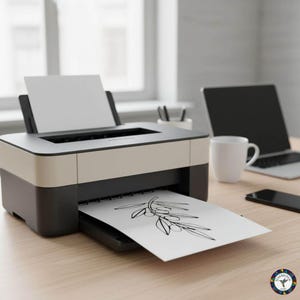 May include: A beige and black printer is printing a black and white drawing of an olive branch on a white sheet of paper. A laptop, a white mug, and a smartphone are on the wooden desk.