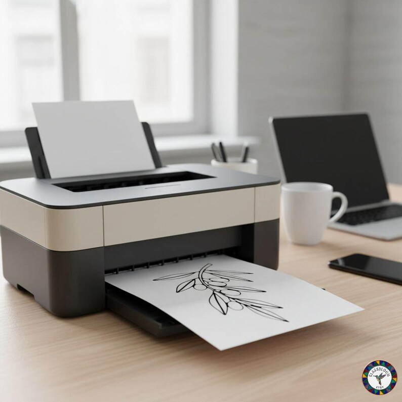 May include: A beige and black printer is printing a black and white drawing of an olive branch on a white sheet of paper. A laptop, a white mug, and a smartphone are on the wooden desk.