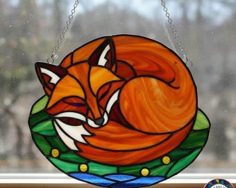 Fox stained glass pattern – forest animal suncatcher template, digital window art design