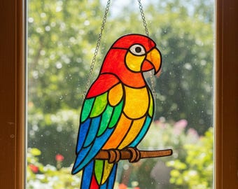 オウムのステンドグラスプリントセット：鮮やかな鳥の絵5枚（デジタル