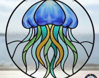Jellyfish stained glass pattern – ocean suncatcher template, sea life window art digital file