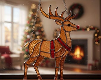 Deer stained glass pattern – reindeer suncatcher template, winter decor, digital download