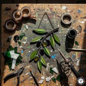 May include: A stained glass olive branch with green leaves and black and green olives hangs from a chain. Various tools and materials, including pliers, solder, and tape, are scattered on a wooden work surface, suggesting a craft project.