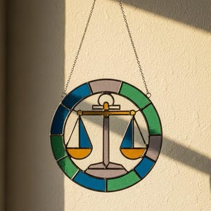 Op de afbeelding: Een ronde glas-in-lood zonnevanger met een centraal geel weegschaal-icoon. De buitenrand bestaat uit afwisselende blauwe, groene en lichtpaarse glassegmenten. Het object is opgehangen aan een dunne metalen ketting voor bevestiging.