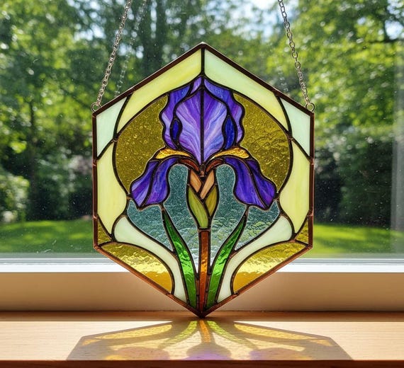 Iris stained glass pattern – floral suncatcher template, elegant flower art, digital download