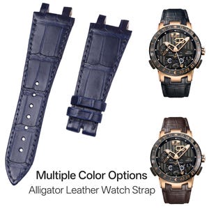Puede incluir: Un par de correas de reloj de cuero de cocodrilo azul marino y dos relojes de lujo con correas de cuero negro y marr&oacute;n. Los relojes tienen cajas doradas y esferas oscuras. El texto de la imagen dice "Multiple Color Options Alligator Leather Watch Strap."