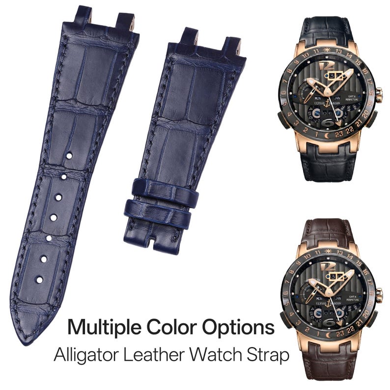 Puede incluir: Un par de correas de reloj de cuero de cocodrilo azul marino y dos relojes de lujo con correas de cuero negro y marr&oacute;n. Los relojes tienen cajas doradas y esferas oscuras. El texto de la imagen dice "Multiple Color Options Alligator Leather Watch Strap."
