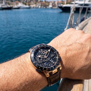 Puede incluir: Un reloj de pulsera de lujo con esfera negra, bisel dorado y correa de cuero marr&oacute;n. El reloj tiene m&uacute;ltiples subesferas y una pantalla de fecha. El fondo muestra agua y barcos.