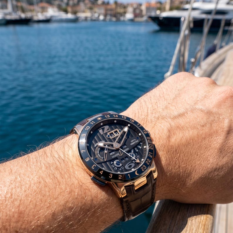 Puede incluir: Un reloj de pulsera de lujo con esfera negra, bisel dorado y correa de cuero marr&oacute;n. El reloj tiene m&uacute;ltiples subesferas y una pantalla de fecha. El fondo muestra agua y barcos.