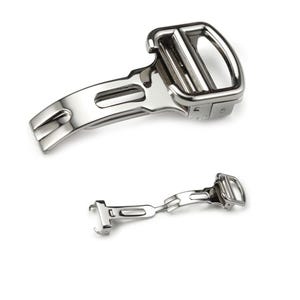 May include: Two stainless steel watch clasps are displayed against a white background. The clasps are in a polished silver finish. One clasp is open, and the other is closed. The clasps are designed to secure a watch band.