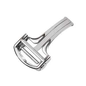 May include: A polished silver watch clasp. The clasp features a curved design with a rectangular bar and a hinged section. The metal has a reflective finish. The clasp is designed to fasten a watch strap securely.