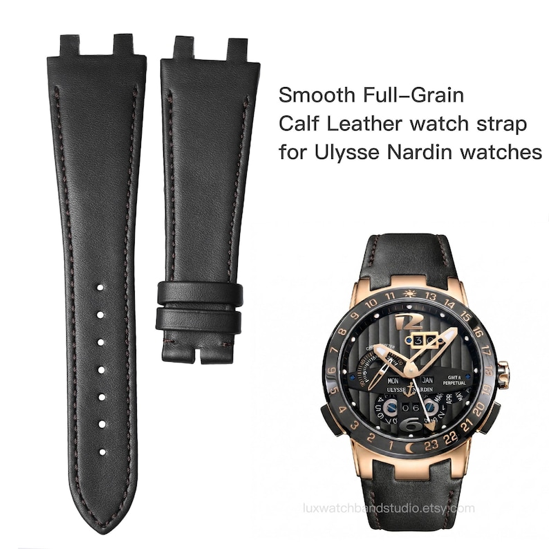 Op de afbeelding: Zwart kalfsleren horlogebandje voor Ulysse Nardin horloges. De band wordt getoond met een zwart en goudkleurig horloge. De tekst op de afbeelding luidt "Glad volnerf kalfsleren horlogebandje voor Ulysse Nardin horloges."