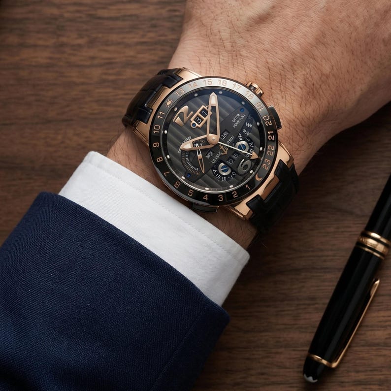 Puede incluir: Un reloj de pulsera de lujo con una caja negra y dorada y una correa de cuero negra. La esfera del reloj presenta m&uacute;ltiples subesferas y una pantalla de fecha. El reloj est&aacute; en una mu&ntilde;eca, con un traje azul y una camisa blanca visibles.