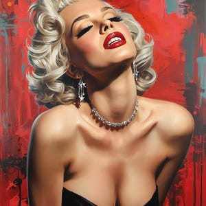 May include: A painting of a woman with platinum blonde hair, red lipstick, and a black top. She wears a diamond necklace and earrings. The background is a vibrant red with abstract brushstrokes, creating a dramatic effect.