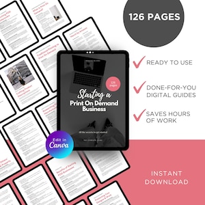 May include: A digital guide titled "Starting a Print On Demand Business" with 128 pages, displayed on a tablet. The image includes the text "Ready to Use," "Done-For-You Digital Guides," and "Saves Hours of Work." The design is set against a pink and white background.