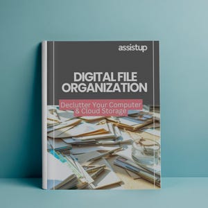 May include: A book titled "DIGITAL FILE ORGANIZATION" with the subtitle "Declutter Your Computer & Cloud Storage." The cover is dark gray with white text and a pink banner. The book is placed on a pile of papers and pens.