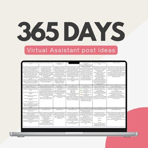 May include: A laptop displays a calendar with 365 days of virtual assistant post ideas. The title text is in large, bold, dark gray letters, with a pink banner below it. The calendar grid is white with black text.