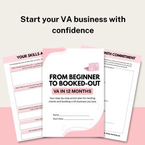 Könnte beinhalten: Ein digitales Planer-Set mit rosa Akzenten und dem Text Start your VA business with confidence, From Beginner to Booked-Out, VA in 12 Months, Your skills und 12 Month Commitment. Die Seiten enthalten leere Felder für Name und Startdatum.