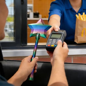 May include: A person in a car at a McDonald's drive-thru, holding a rainbow-coloured star-shaped wand. The McDonald's employee is handing over a bag of french fries and a payment terminal. The McDonald's logo is visible in the background.