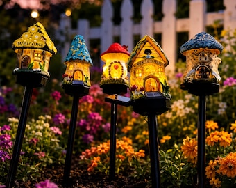 Solar Mushroom House Garden Light, Whimsical Fairy Cottage Stake Lamp, Outdoor LED Decor, Lawn & Pathway Landscape Solar Lamp
