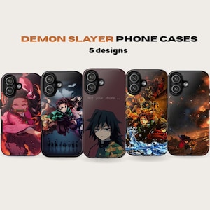 May include: Five phone cases with different designs featuring characters from the anime series Demon Slayer. The cases have black borders and colorful illustrations. Text at the top reads "Demon Slayer Phone Cases" and "5 designs."
