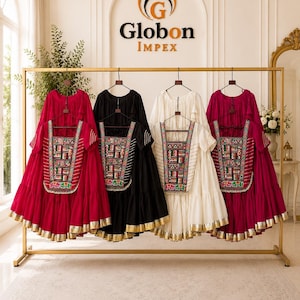 May include: Four tiered dresses in red, black, white, and magenta hanging on a gold rack. Each dress features a square bodice panel with colorful geometric embroidery, short sleeves, and a metallic gold hem. The text Globon Impex is visible.
