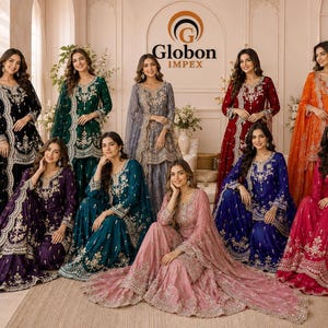 May include: A collection of ten long-sleeved salwar kameez sets in various colours including black, green, grey, red, orange, purple, teal, pink, blue, and magenta, each featuring intricate silver embroidery and matching sheer dupattas.