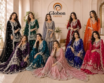 May include: A collection of ten long-sleeved salwar kameez sets in various colours including black, green, grey, red, orange, purple, teal, pink, blue, and magenta, each featuring intricate silver embroidery and matching sheer dupattas.