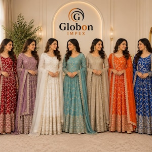 May include: Seven floor-length gowns in red, purple, white, teal, beige, orange, and blue, each featuring long sleeves, a fitted bodice, a flared skirt, and intricate gold embroidery along the hem and fabric, paired with a matching sheer dupatta.